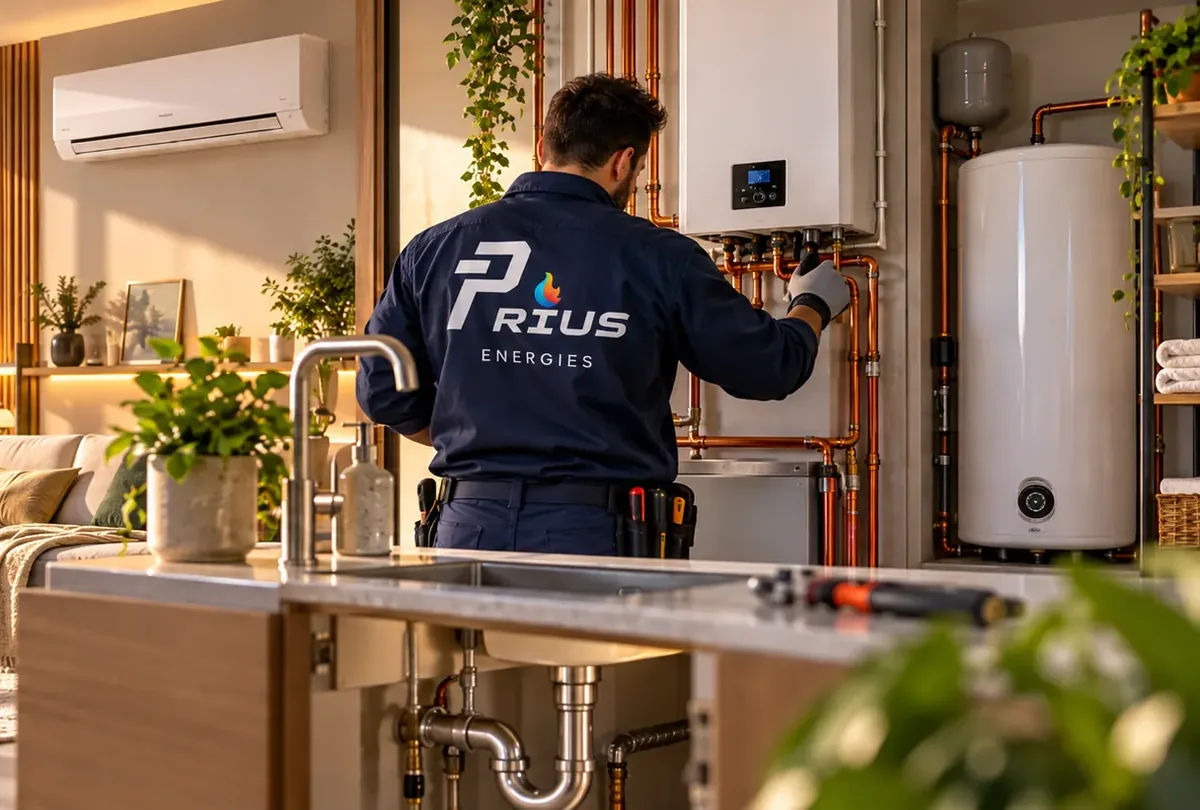Technicien Prius Énergies réglant une chaudière gaz murale à côté d'un ballon d'eau chaude dans une maison des Yvelines