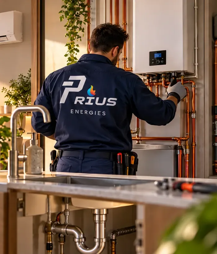 Technicien Prius Énergies réglant une chaudière gaz murale à condensation dans une maison des Yvelines