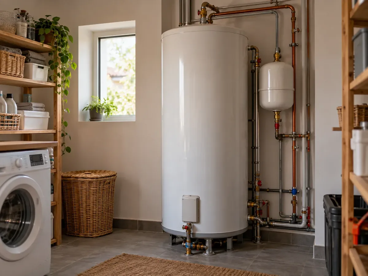 Chauffe-eau électrique remplacé dans la buanderie d'une maison, groupe de sécurité et raccordements neufs