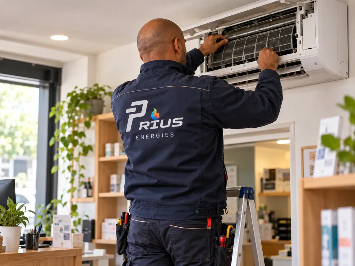 Entretien d'une climatisation murale par un technicien Prius Énergies dans un local professionnel des Yvelines