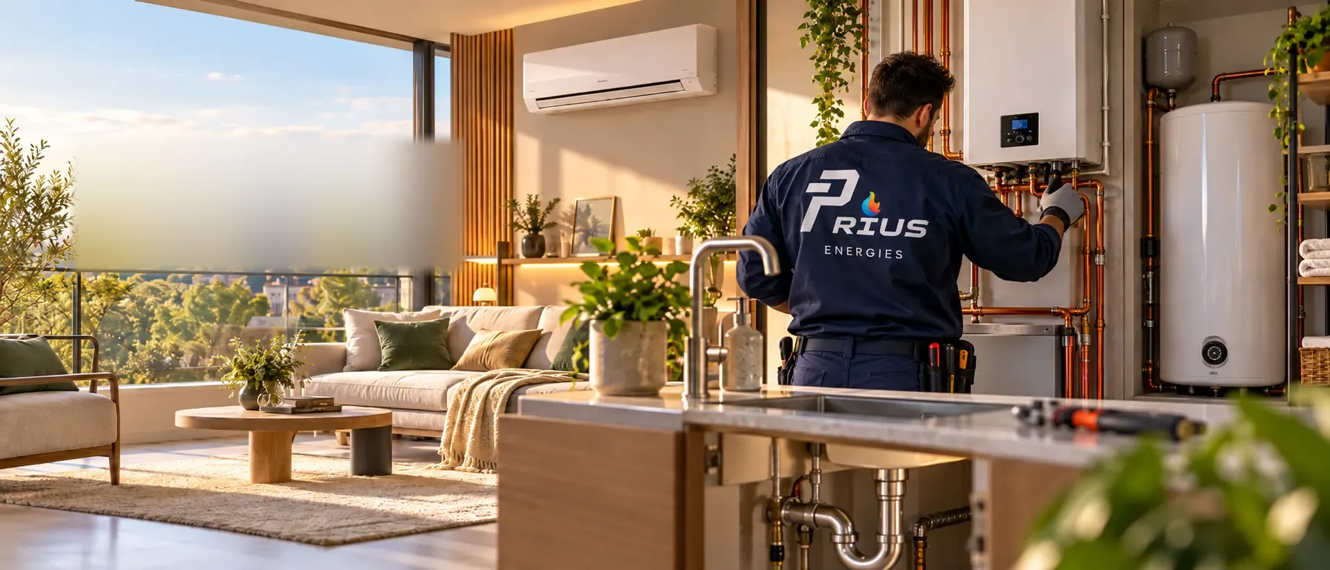 Technicien Prius Énergies réglant une chaudière gaz dans le séjour d'une maison des Yvelines — climatisation murale, ballon d'eau chaude, baie ouverte sur les arbres
