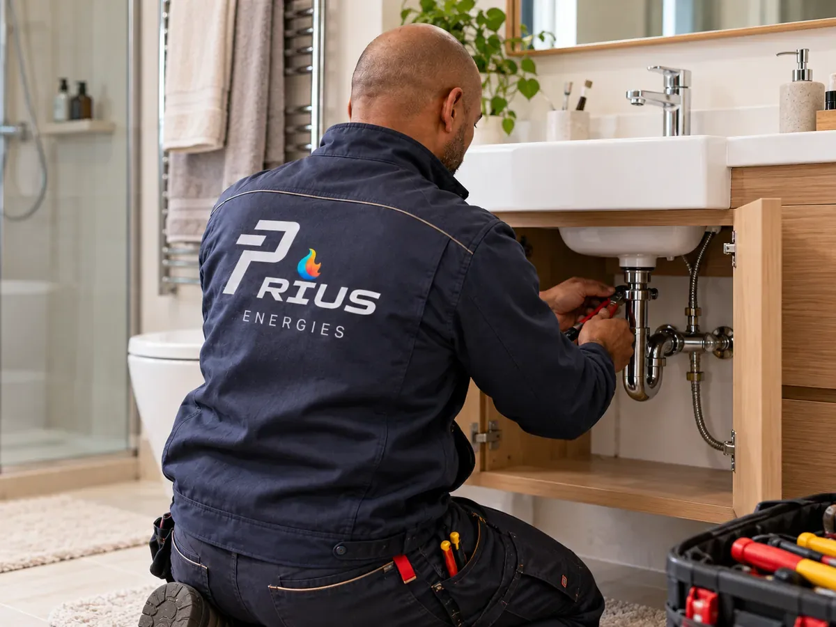 Plombier Prius Énergies intervenant sur le siphon d'une vasque de salle de bains dans une maison des Yvelines