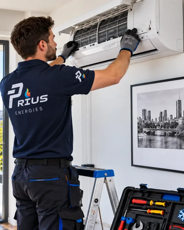 Technicien Prius Énergies fixant l'unité intérieure d'une climatisation réversible dans une maison des Yvelines